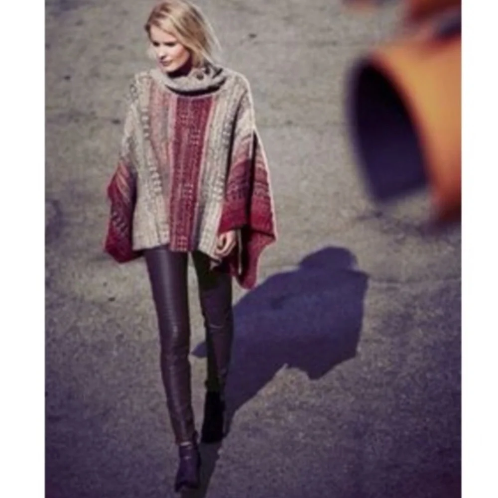 BOGO! Free People Willow Fair Isle Poncho Sweater Button Funnel Neck Size XS - Picture 2 of 10